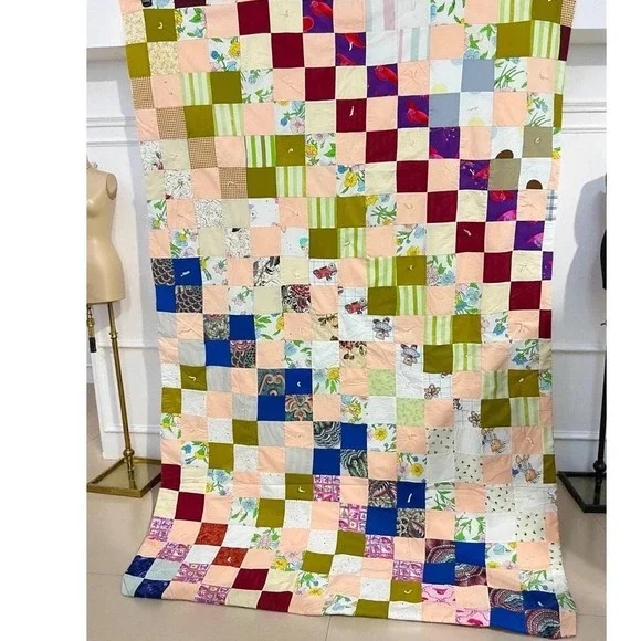 Handmade Patchwork Quilt Reversible Floral Backing Cottagecore Farmhouse Decor - Picture 2 of 9